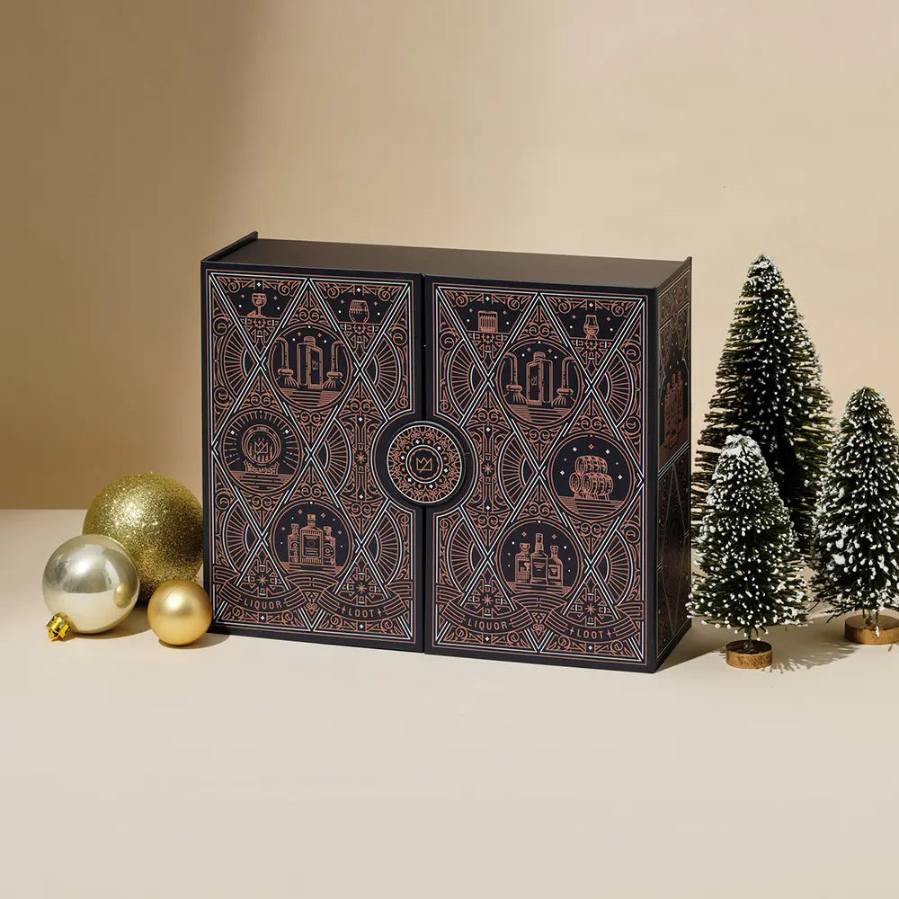 Decorative box with holiday-themed illustrations, next to festive ornaments and small Christmas trees.