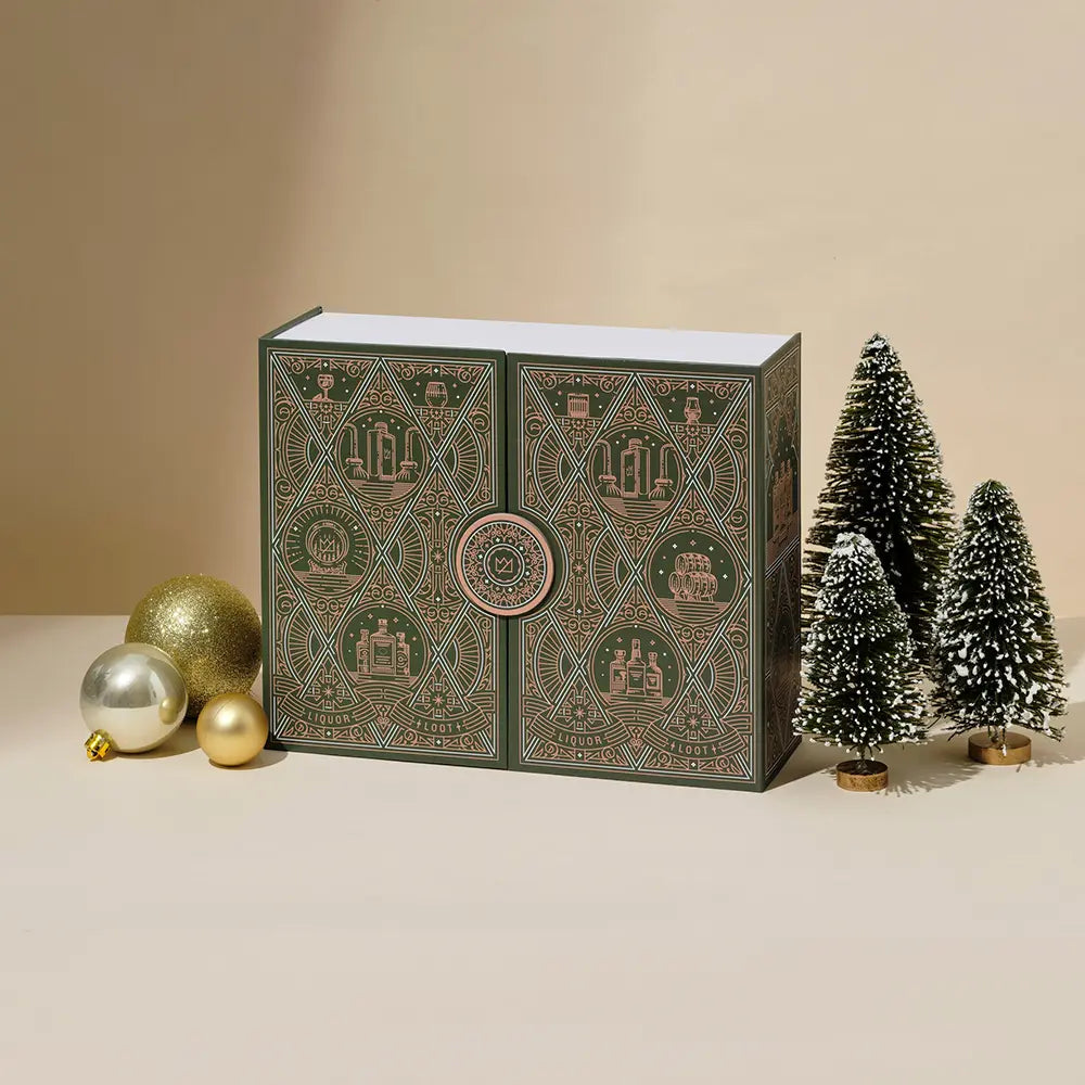 Holiday-themed gift box with decorative ornaments and miniature Christmas trees.